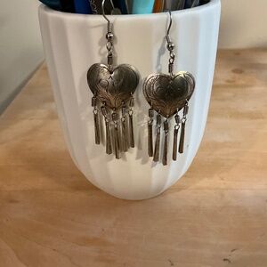 Silver etched hearts dangle earring